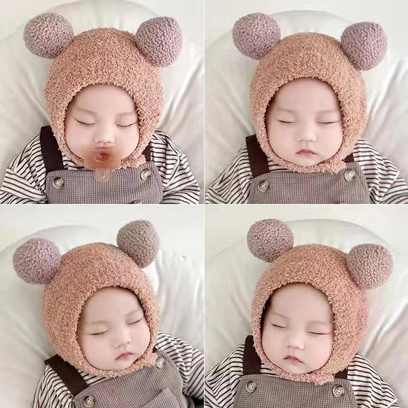 

Cute Winter Warm Kids Girl Boys Baby Hats Fleece Wool Hemming Caps With Ball Wool Ear Protection Hats Soft Newborn Bonnet