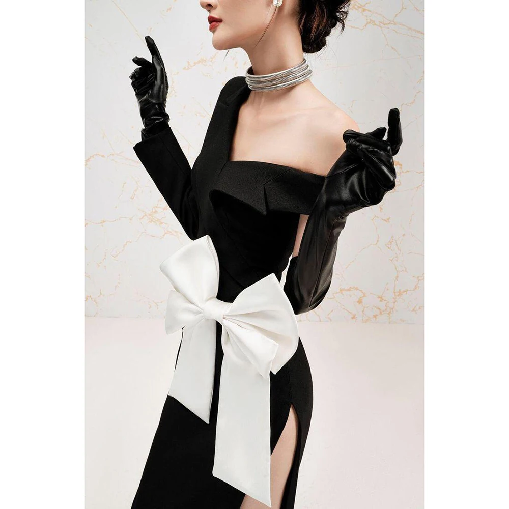 New Fashion Off The Shoulder Single Sleeves With White Bow Evening Dress Female Formal Banquet Party Prom Gowns