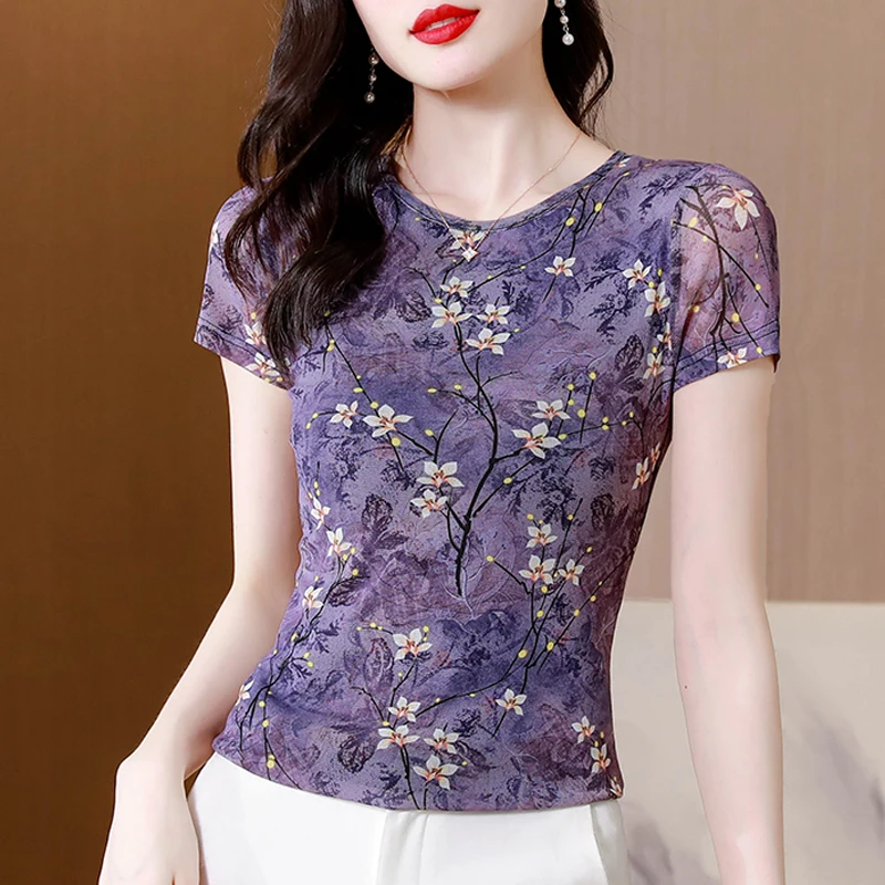 M-4XL 2024 New Short Sleeve Summer Top Fashion Women\'s Mesh T shirt Casual Floral Printed Bottom Shirt