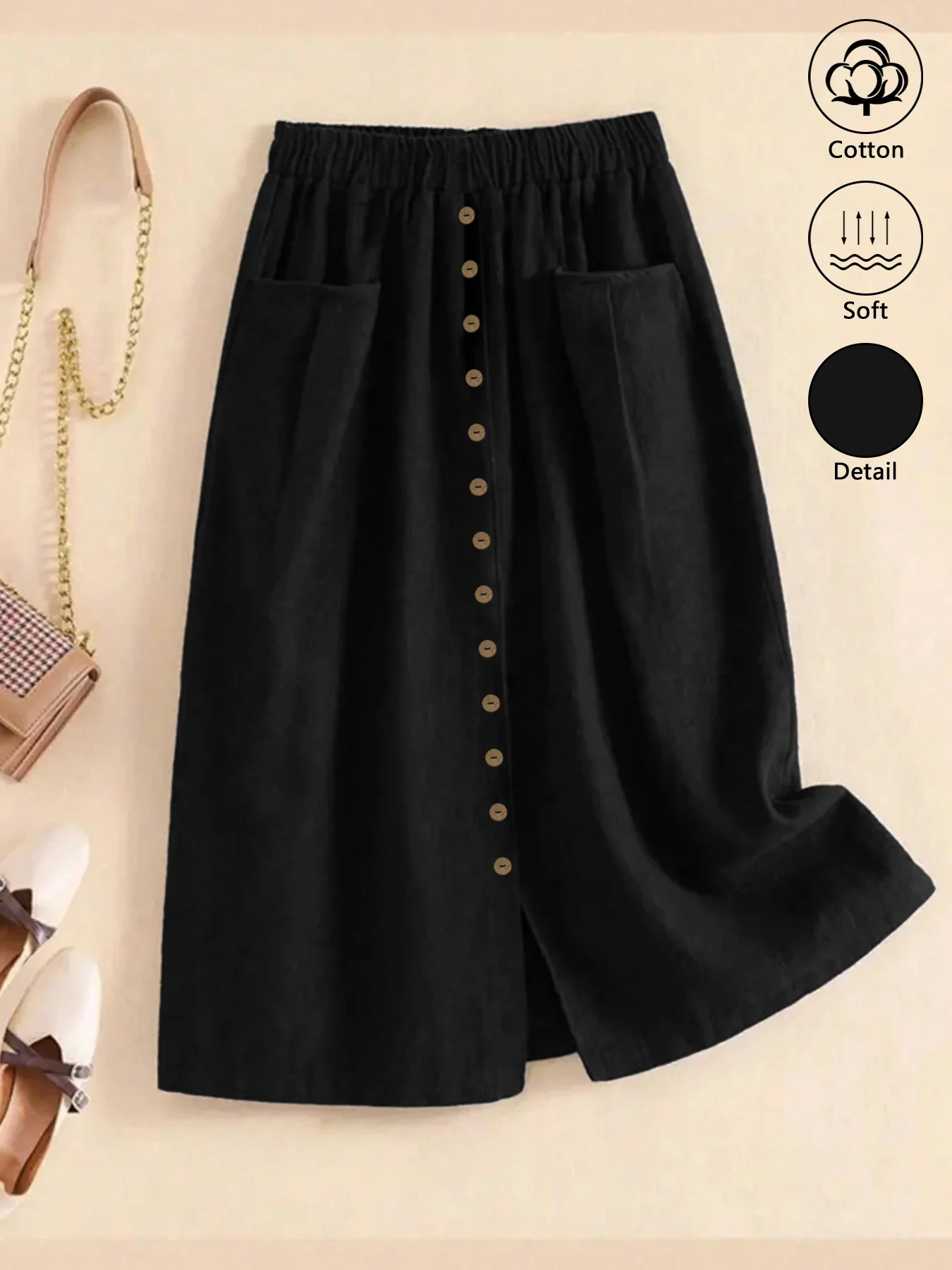 Women's Simple and Elegant 100% Cotton Midi Skirt with Button Detail; an Elegant, Casual Skirt Featuring Pockets.