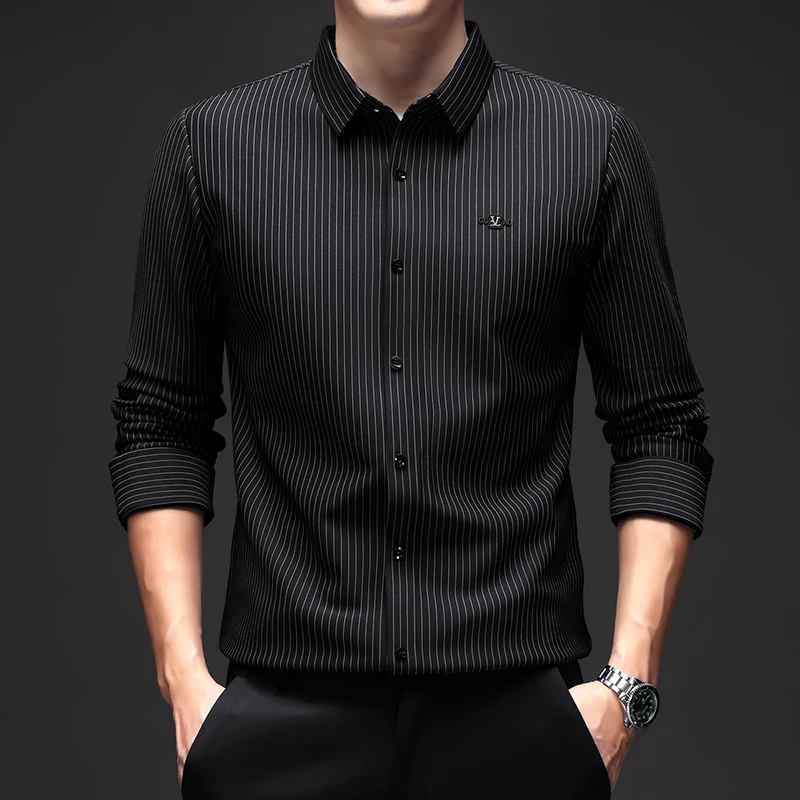 

Новинка 2025 года, бархатная рубашка, мужская зимняя толстая и теплая мужская рубашка, эластичная, устойчивая к морщинам полосатая рубашка с длинными рукавами, мужской стиль
