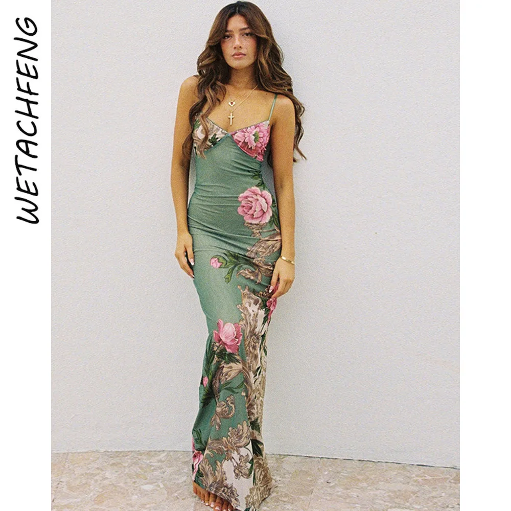 Abito maxi verde floreale da donna Abito lungo aderente aderente estivo Abito da spiaggia per le vacanze Abito con stampa bohémien Abito slim fit