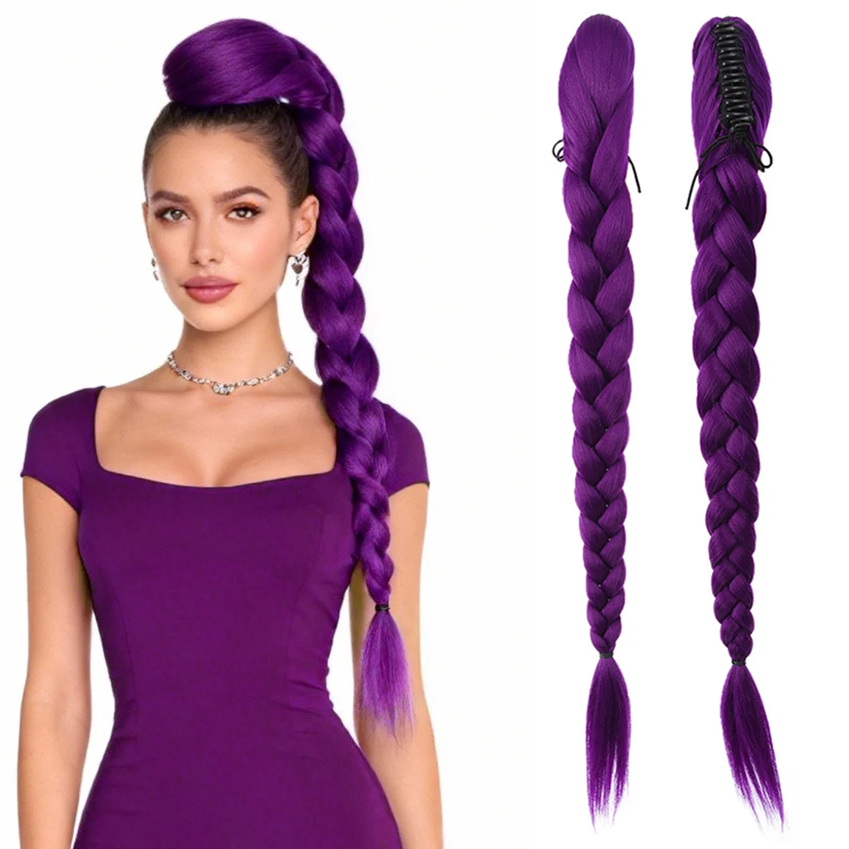 Braided synthetic purple ponytail wig fake ponytail hair extension wig sandwiched at the end of a woman's hair