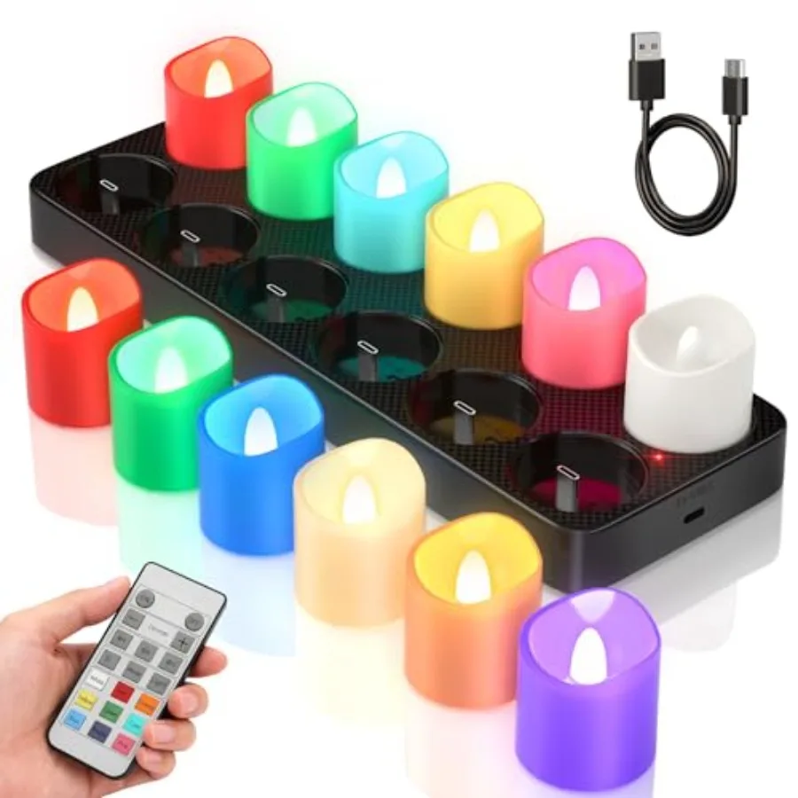 

Беспламенные светодиодные свечи с изменением цвета, перезаряжаемые, 12 шт., мерцающие чайные свечи-вотивы с зарядной базой и пультом ДУ, таймером