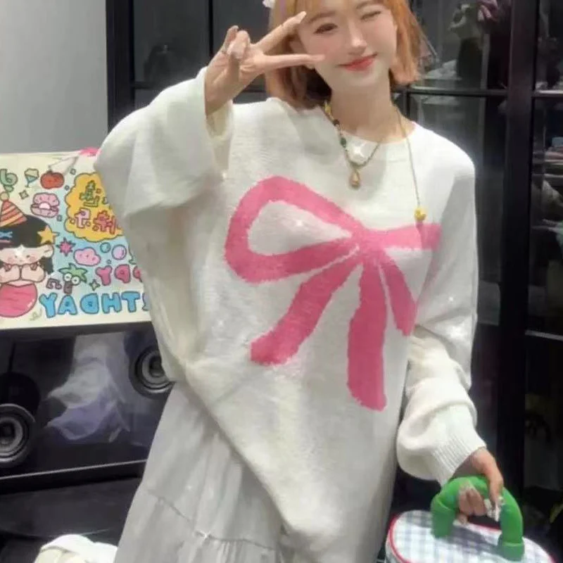 

Fashion Bow Print Plus Size Sweaters Women Y2 Contrast Color Knitted Pullovers Autumn Winter Casual Age-Reducing Streetwear Tops