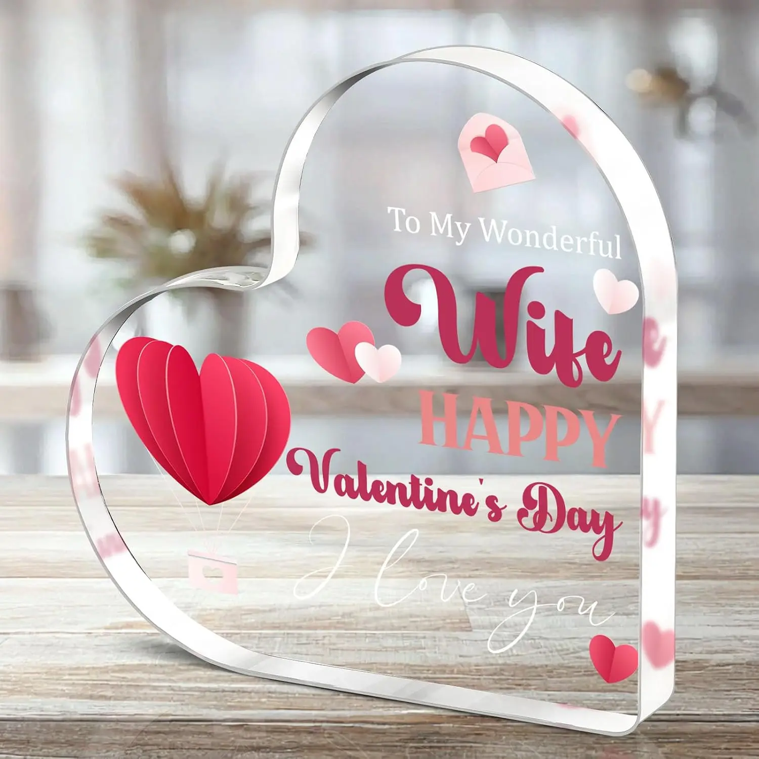 Heart‑Shaped Acrylic Plaque To My Wonderful Wife Happy Valentine's Day I Love You Hot Air Balloon Heart Envelope Print Freestanding Table Ornament Romantic Valentine Gift for Wife Desk Shelf Home Decor