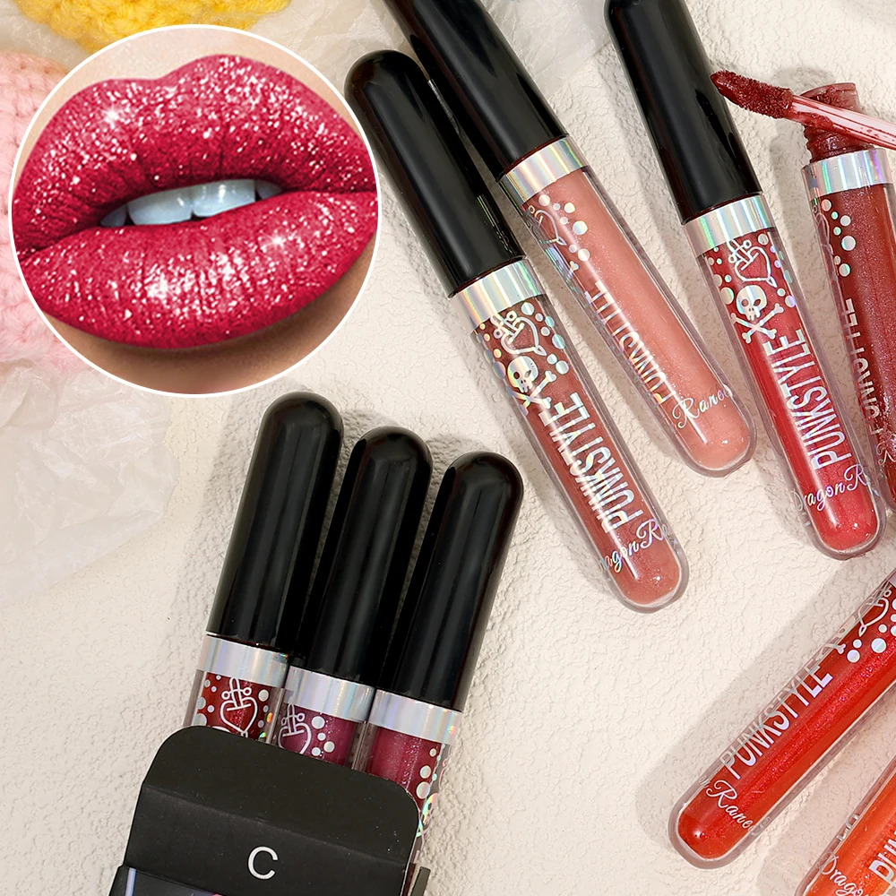 3Pcs/Set Diamond Glitter Liquid Lipstick Set Waterproof Long Lasting Sexy Red Black Lips Halloween Shimmer Lip Makeup Cosmetics