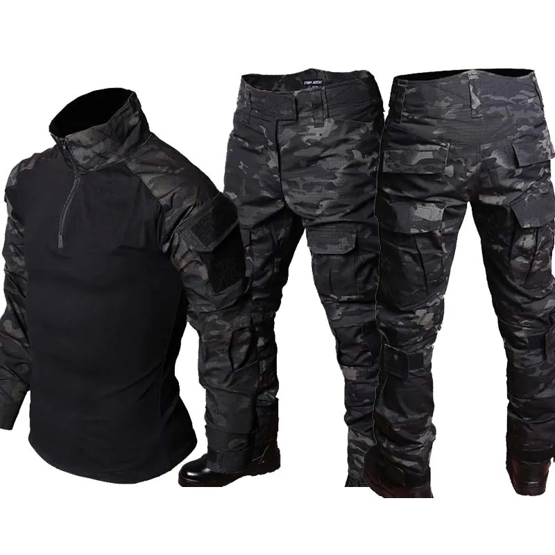 

MCBK Men Training Sets Tactical Camo Combat Tops+Multiple Pockets Pant Suits Training Durable Suits Wear-resisting 1/4 Zipper