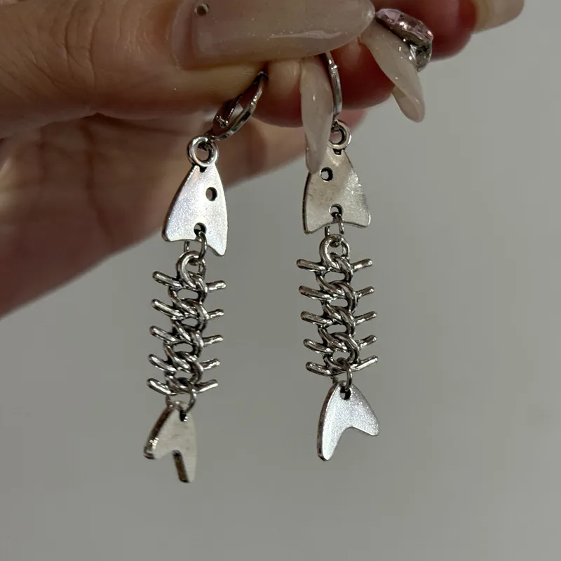 Barbed Wire Fish Skeleton Dangle Earrings Novelty Unique Funky Whimsical