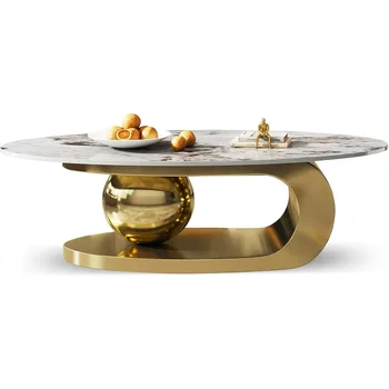 Image Modern Oval Stone Coffee Table with Abstract Gold Metal Base - Perfect Centerpiece for Stylish Living Rooms-Gold,51"Lx28Wx16.5H