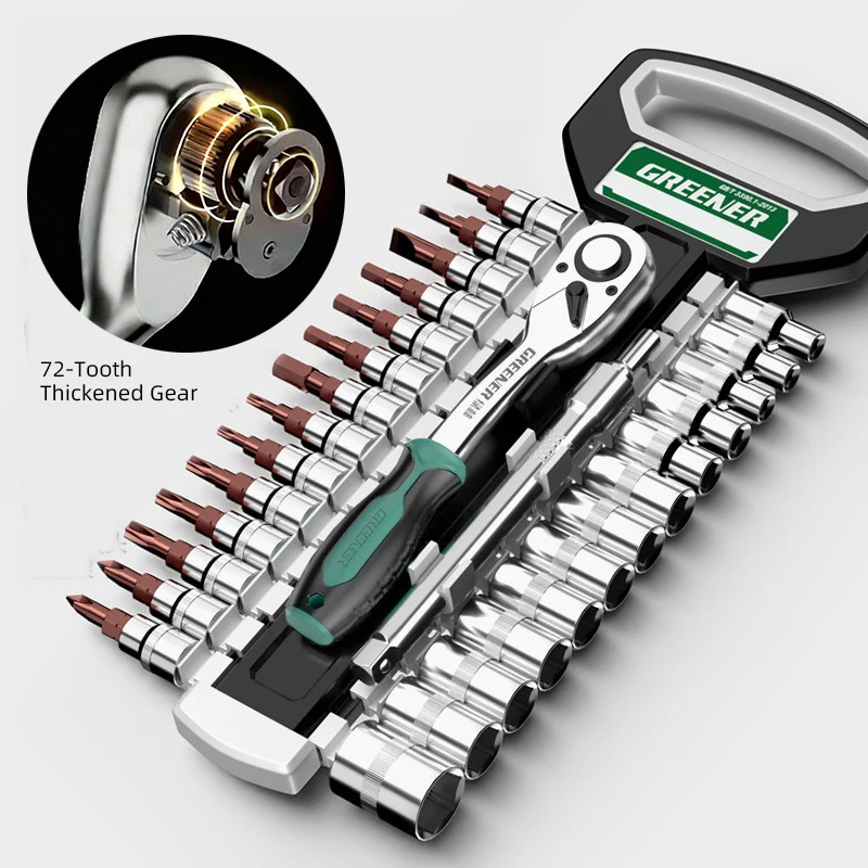 GREENER 1/4 3/8 1/2 Drive 72 Tooth CR-V Ratchet Wrench Socket Set Quick Release Mirror Polish High Torque Auto Mechanic Tool
