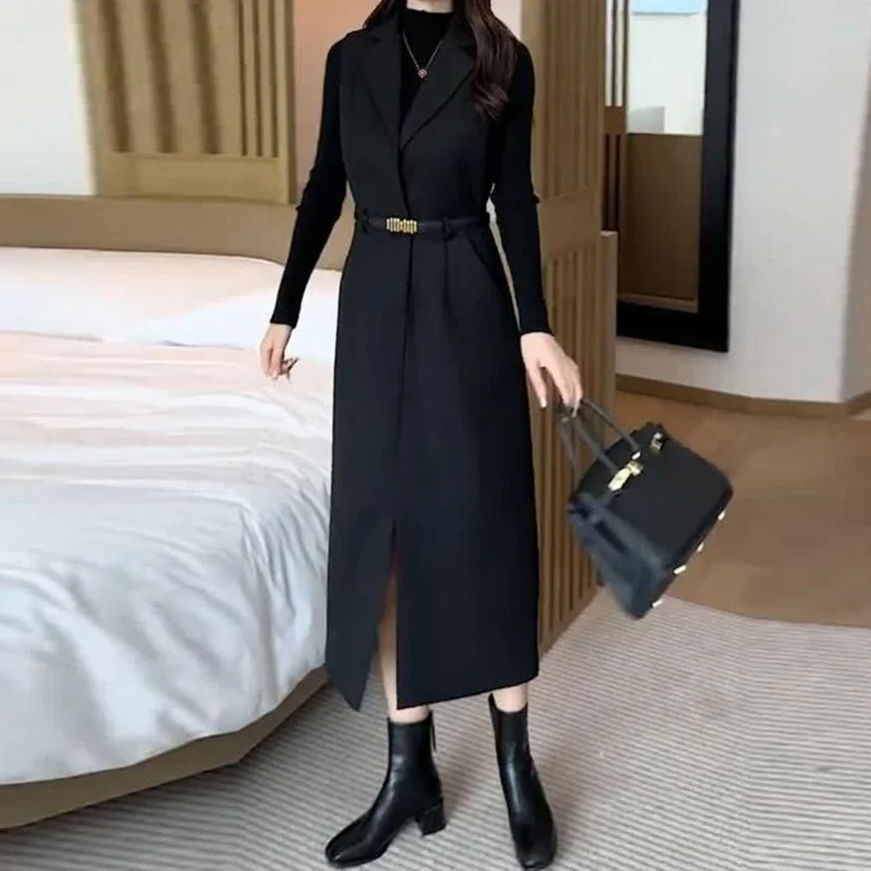 Fashion suit skirt women\'s early autumn 2024 new fashion temperament western style long sweater vest skirt two-piece suit.