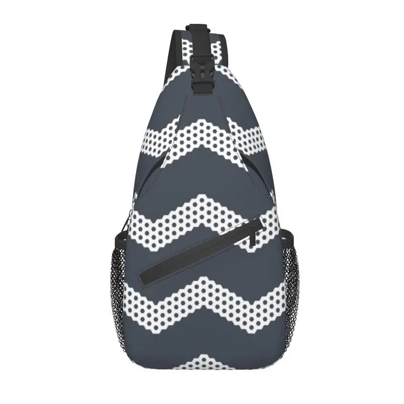 

Navy Blue Grey Honeycomb Chevron Zigzag Sling Chest Bag Modern Geometric Shoulder Crossbody Backpack for Cycling Camping Daypack