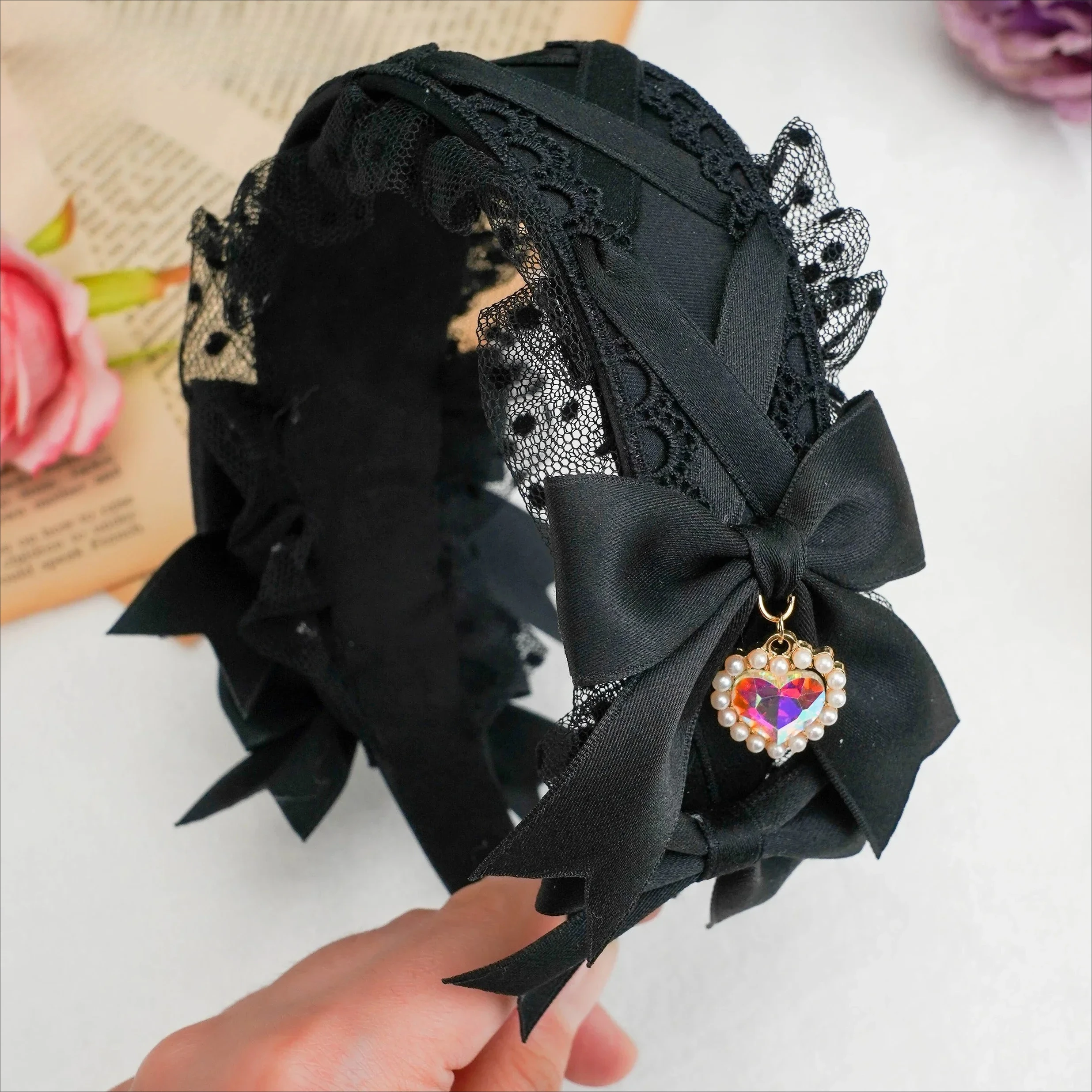 

Japanese-style Mass-produced Lolita Womens Hair Accessories Sweet Lace Strap Bow Cute Heart-shaped Rhinestone Pendant Headband