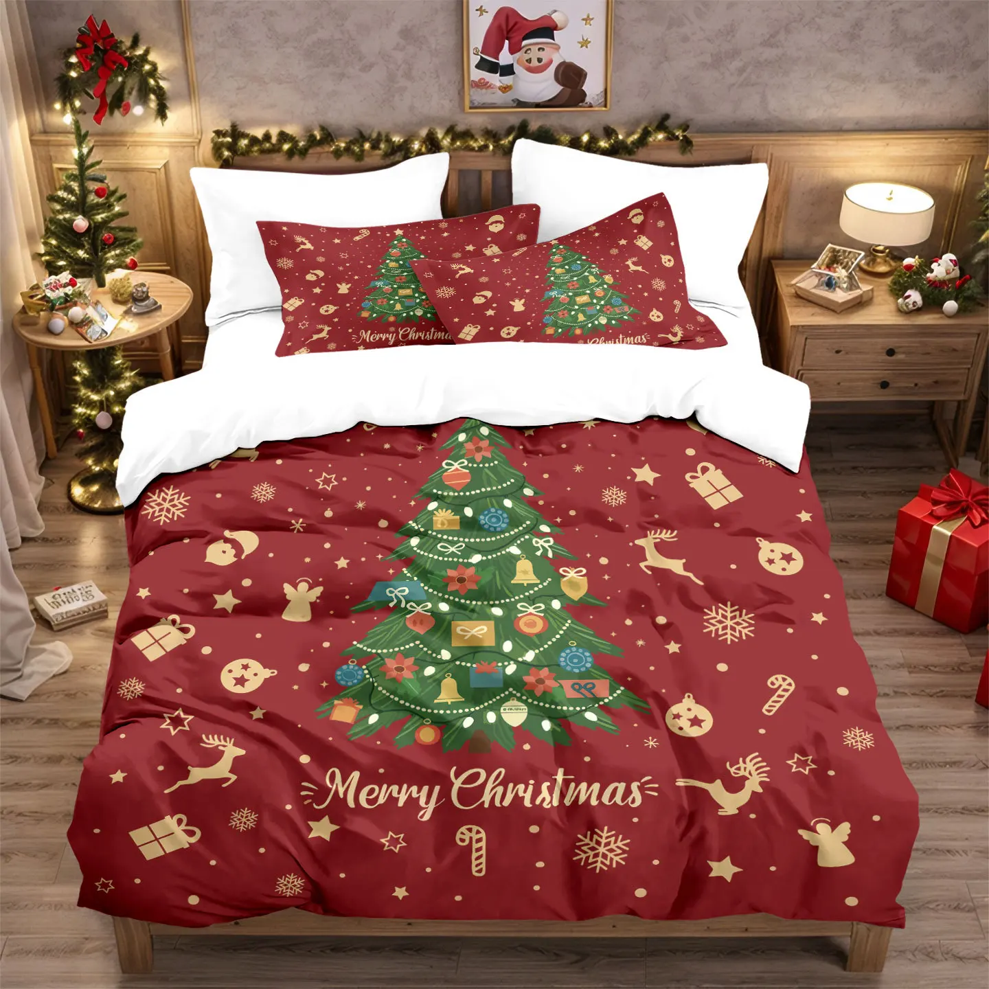 

Рождественский комплект постельного белья с принтом, рождественская тема, комплект пододеяльников, мягкий односпальный двуспальный комплект постельного белья, 2024, рождественский подарок, елочное украшение