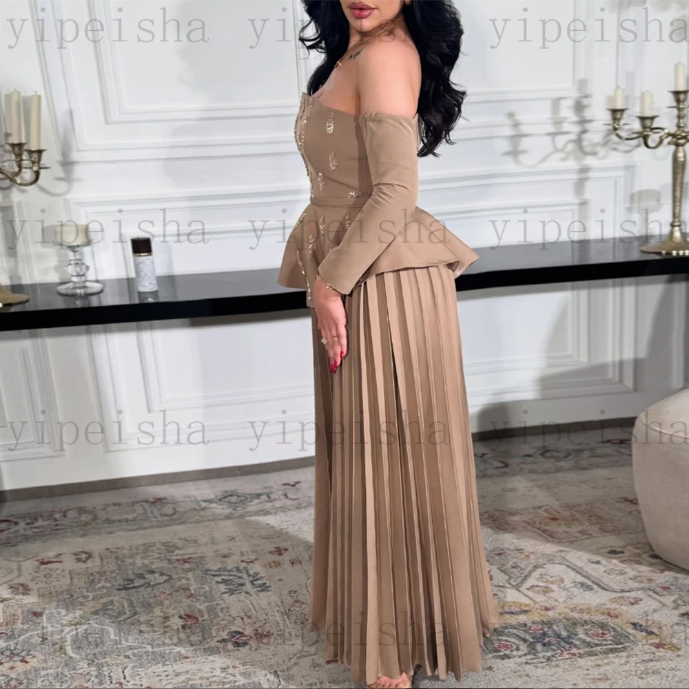 Vestidos de Noche sin tirantes personalizados con hombros descubiertos, vestido de fiesta de manga larga con apliques de encaje y lentejuelas plisado
