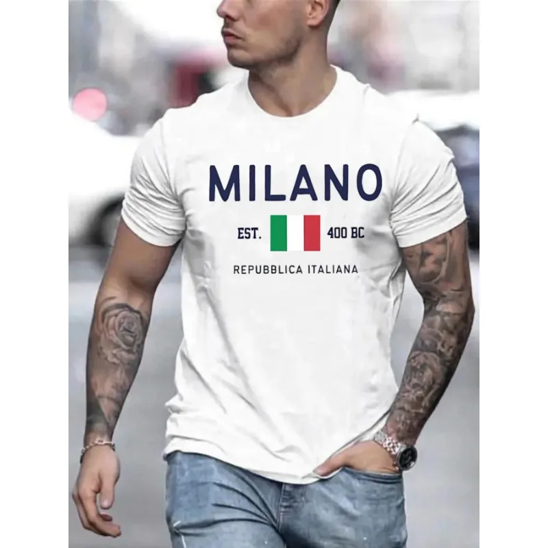 Milano Print Men T-shirt Crew Neck Fashionable Short Sleeve Sport T-shirt Comfortable for Summer Athletic Style Comfort T-Shirt