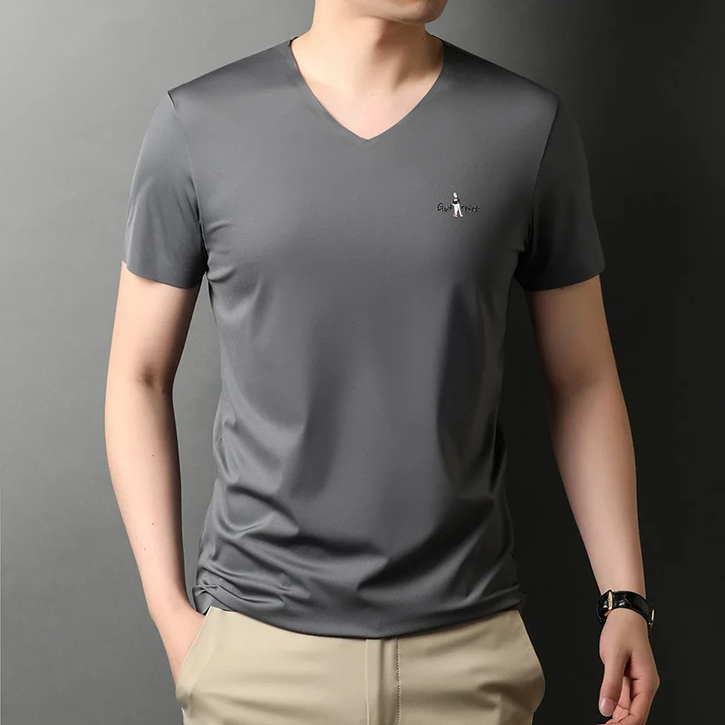 High quality ice silk short sleeve t-shirt men\'s V-neck summer high-end fashion exquisite embroidery half sleeve casual Top Men