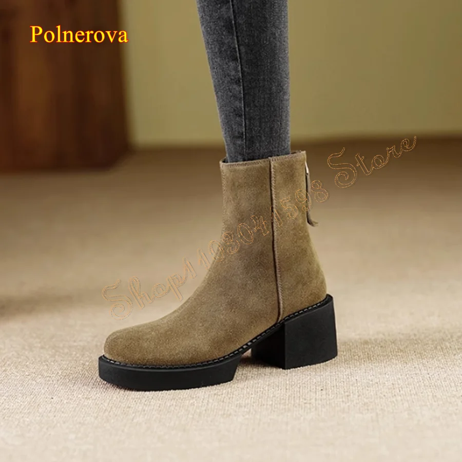 Vintage Suede Zipper Mid Calf Boots,Women's Round Toe Thick Heel Boots Winter Heel Boots Plus Size 2024 New Zapatos Para Mujere