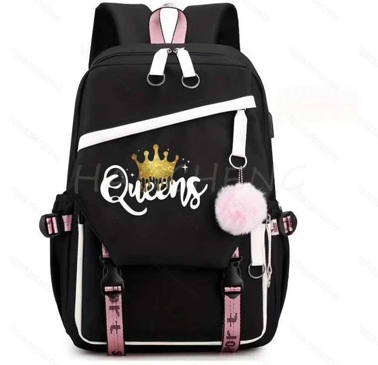 Backpacks USB Capacity Golden Queens Print For Teens Women Girls Canvas Schoolbag Student Book Bag Patchwork School Mochilas