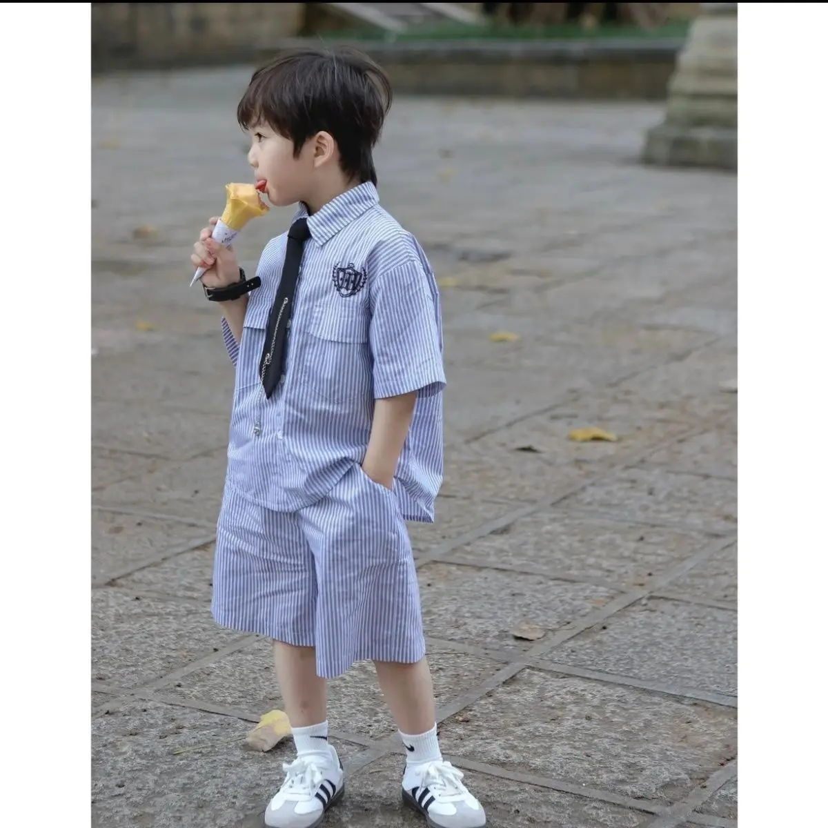 

3 PCS Suits Summer Boy Clothing set Cool Stripe Shirt+overalls Shorts + Tie Kid Children baby Gentleman Handsome clothes 2-9 y