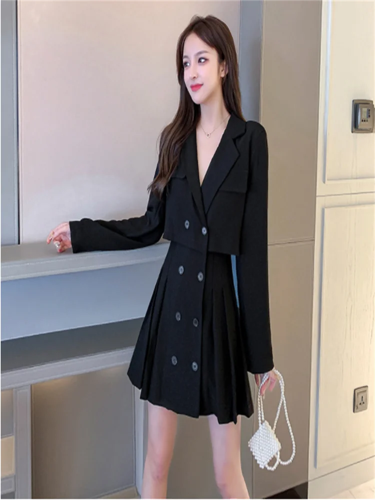 2023 New Style High Street Womens Fashion Cute Elegant Office Lady Double Breasted Button Notched Mini Blazer Dress