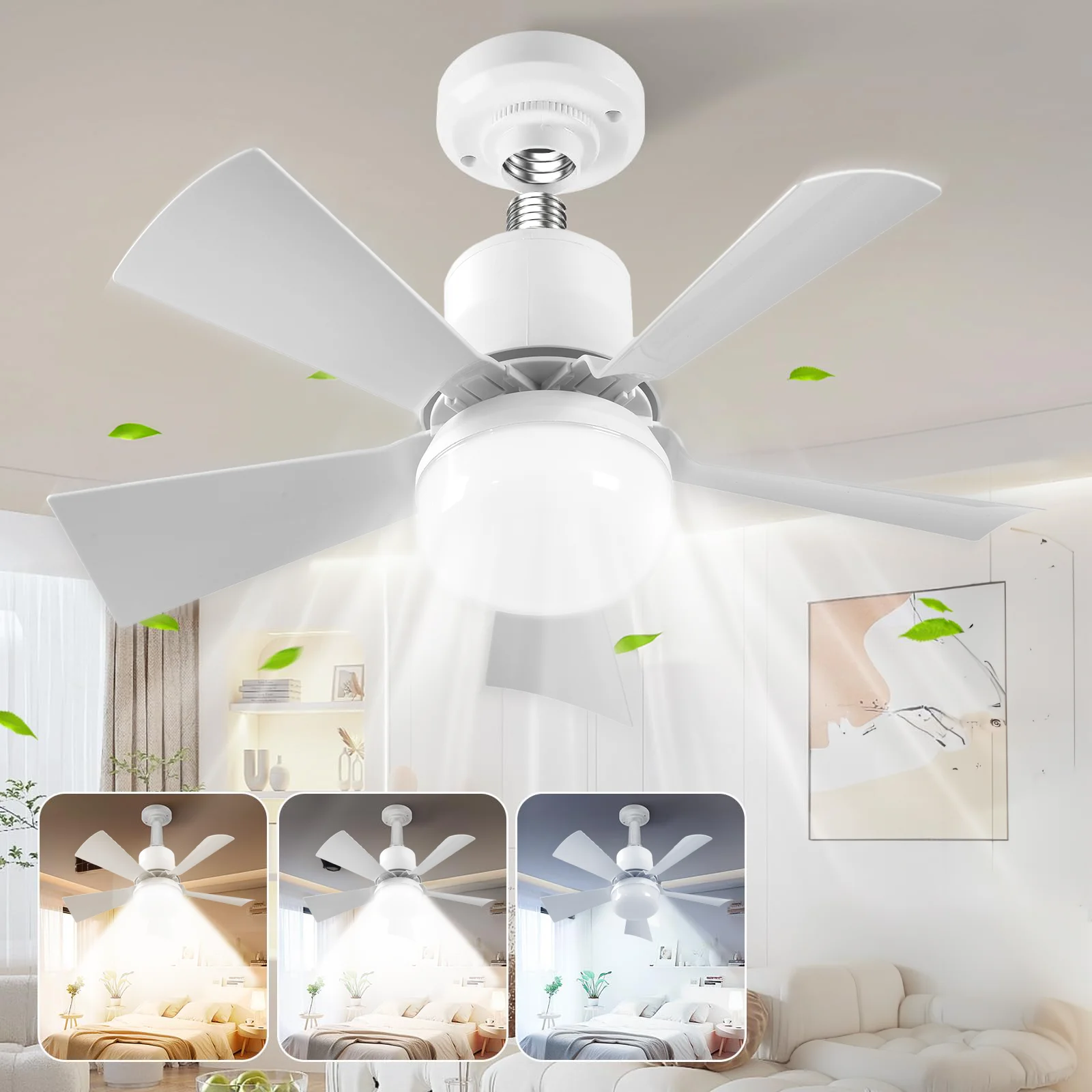 Socket Ceiling Fan Light with Remote Control - Dimmable LED 3000K-6500K, 2700 Lumens, 3 Speeds & Timer, Brushless Motor