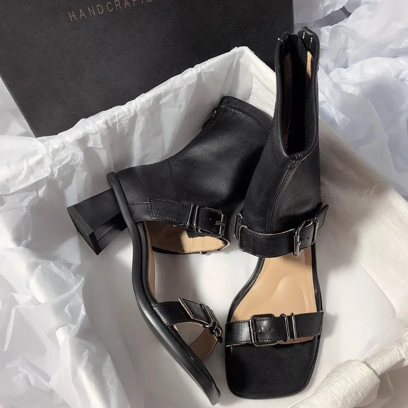 

Women Ankle Cool Boots Sandals Square Toe High Heels Shoes Sexy Chunky Sandals Elegant 2025 New Summer Heeled Shoes Woman Pumps