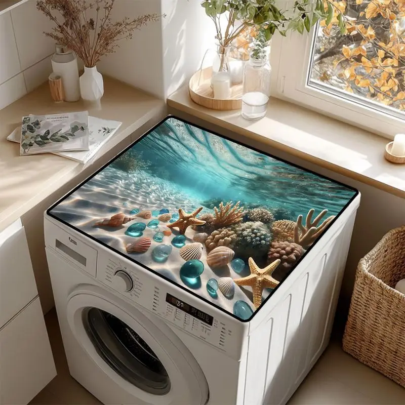 VIKAMA Coastal Beach Starfish Seashell Washing Machine Top Mat Turquoise Ocean Sand Coral Pebble Water Resistant Non Slip Soft