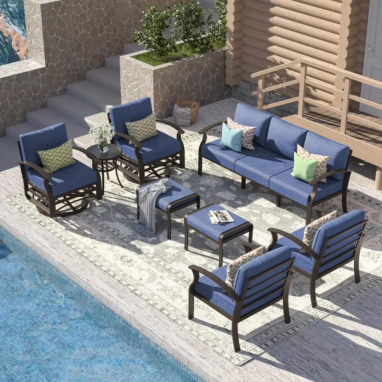 Aluminum Patio Furniture Set  Outdoor Furniture Patio Sectional Sofas Patio Conversation Set , Backyard, Poolside-Dark Blue