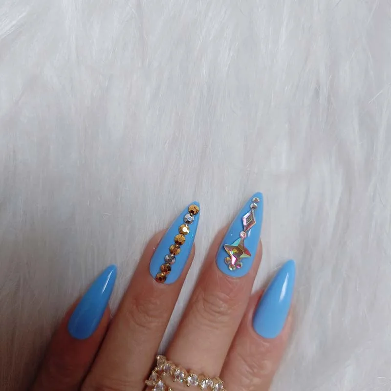 New high-end fashion handmade crystal diamond pointed fake nails 24pcs blue