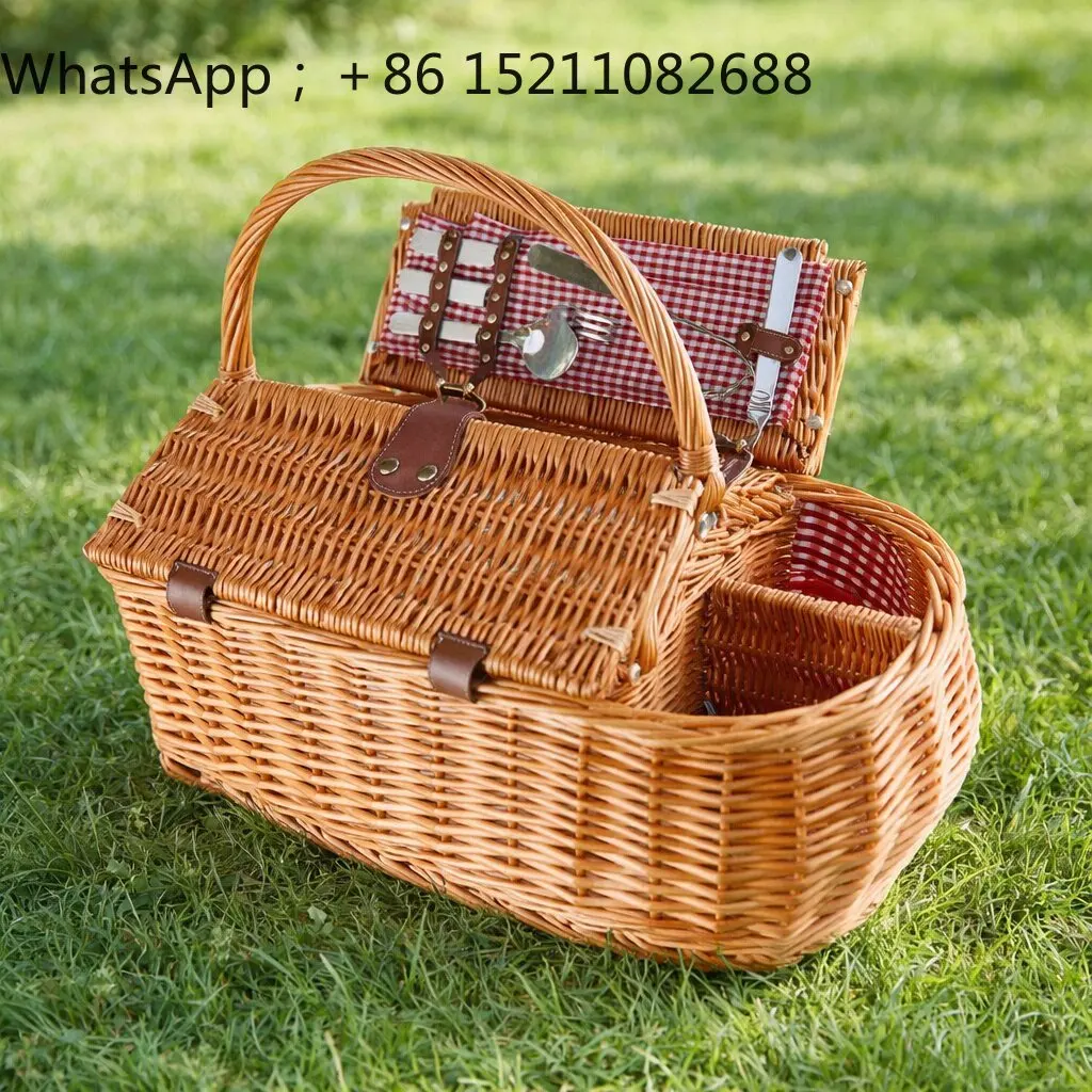 LLY Outdoor Camping Picnic Basket Rattan Large Capacity Willow Portable Outing Camping Potluck Handmade Basket with Lid