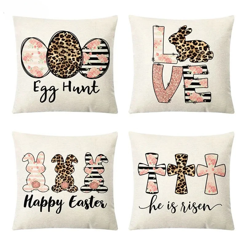 Stripe Leopard Eggs New Rabbit Easter Day Cushion Cover Linen Throw Pillowcase For Sofa Seat Letter Rose Cross Pillow Cover