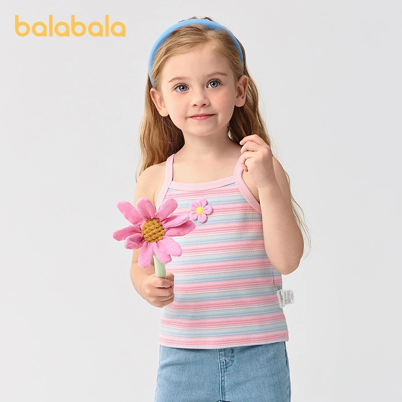 

Детская футболка с короткими рукавами Balabala, весенне-летняя одежда 2024, полосатая майка для девочек, милый топ на бретелях для повседневного стиля