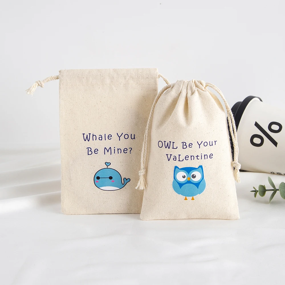 10Pcs Valentine's Day Canvas Treat Bag Burlap Muslin Cotton Children Classroom Exchange Prizes Pouches Candy Gift Jewelry Pocket