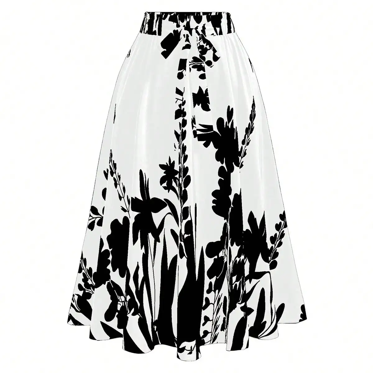 

Women's High Waist Floral Print Midi Skirt - Black and White A-Line Swing Skirt with Elastic Waistband for Summer & Spring