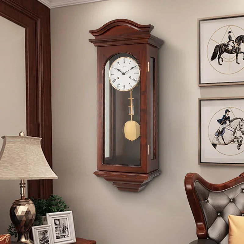 Ashida European mechanical clock New Chinese living room solid wood wall clock Household luxury cherry wood hour clock