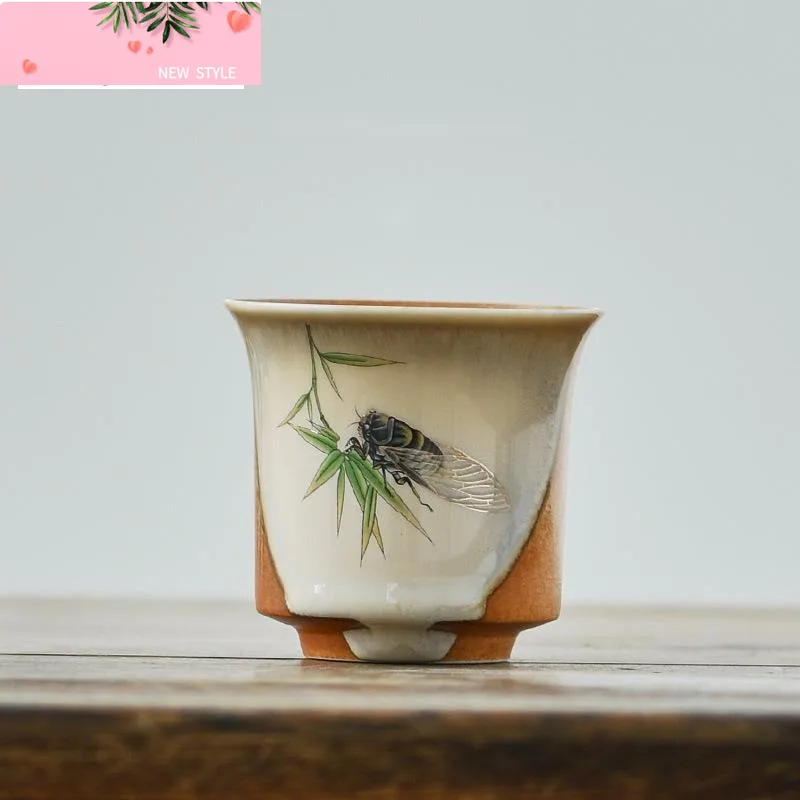 

120ml Antique Soda Glazed Ceramic Teacup Coarse Pottery Large Master Cup Creative Cicada No Rains It Pours Mug Kung Fu Teaware