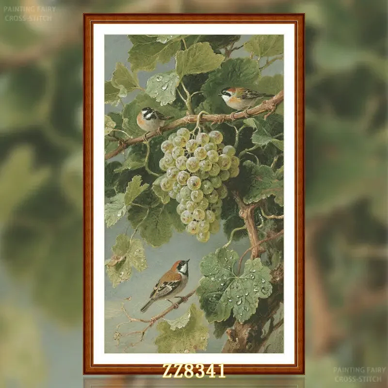 [ZZ8341-Three Sparrows Under the Vine] Stamped Cross Stitch Kit 11/14/16/18CT Printed Canvas Cotton Thread Embroidery Wall Decor