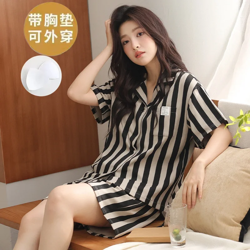 Comes with chest pad integrated short-sleeved Cardigan pajamas women's summer lapel suit Young girls' fashion stripes loungewear