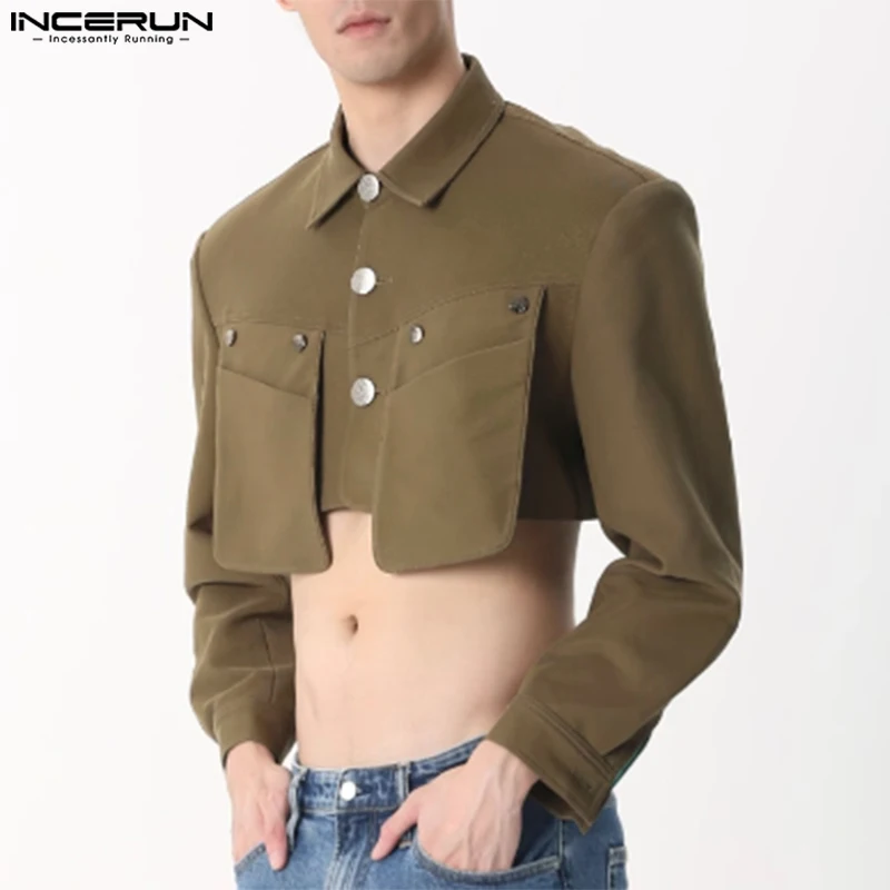 INCERUN Tops 2024 Korean Style Fashion Men Cropped Pocket Design Jackets Coats Male Personality Solid Long Sleeved Jackets S-5XL