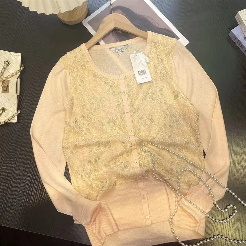 

Spring Autumn Women's Thin Cardigan Lace Wool Knit Sweater Long Sleeve Top