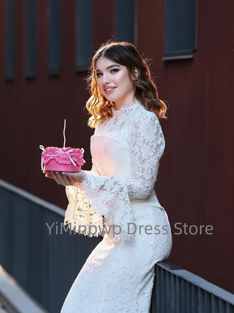 Arabian Wedding Dress High Neck Long Flare Sleeves Exquisite Lace Mermaid Bridal Gown Court Train Customized vestidos de novia