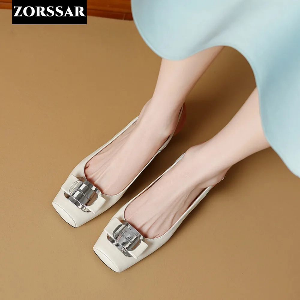 2024 Women Summer Genuine Leather Slingback Pumps Office Lady Square Heels Sandals Elegant Square Toe Female Sexy High Heels