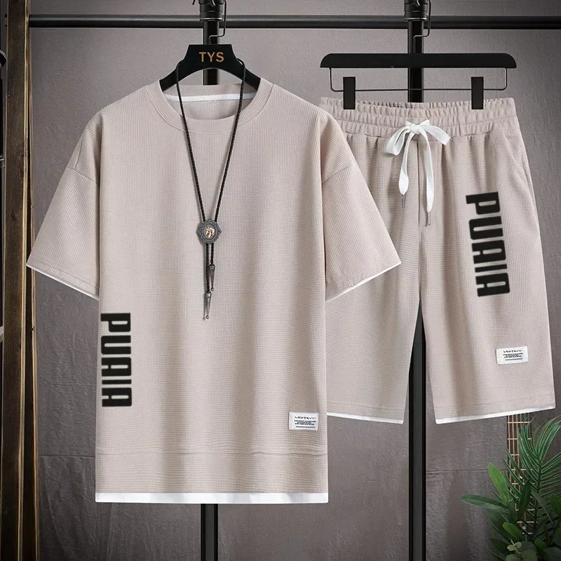 2026 New Men's T-shirt and Shorts Set 2-in-1 Summer Breathable Casual T-shirt Running Fashion Element Printed Men's Sports Set view 2