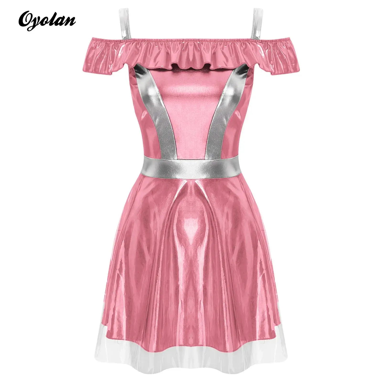 

Women Space Cadet Alien Cosplay Dress Fighter Halloween Outfits Dress Up Costume Metallic Shiny Astronaut Robot Tulle Cami Dress