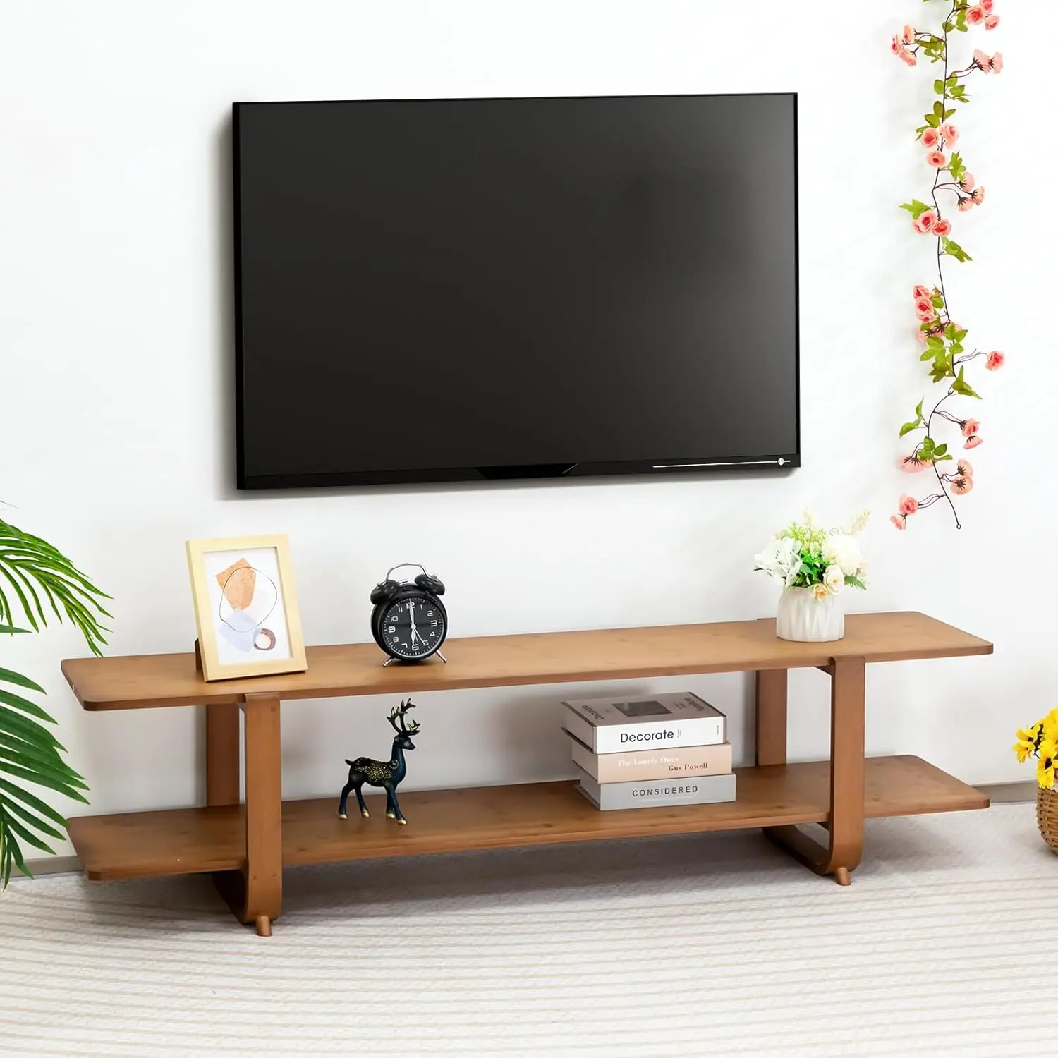 Soporte para TV con almacenamiento para televisores de hasta 65'', centro de entretenimiento moderno con 2 estantes abiertos, consola multimedia para TV decorativa