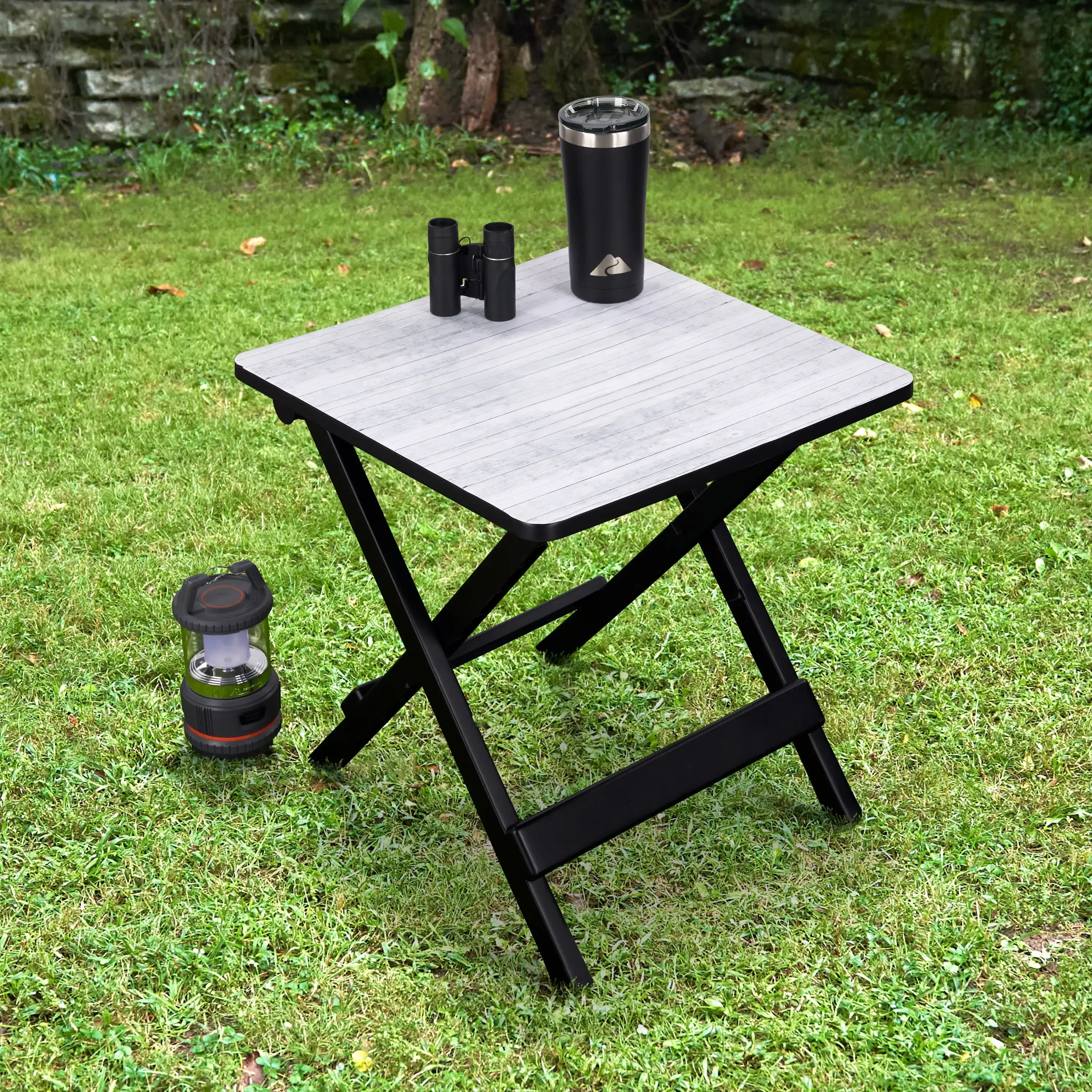 19-inch Folding Camp Table, Gray Wood Grain Plastic Top for Outdoor Picnics, Patio, Deck, and Beach, Portable & Lightweight