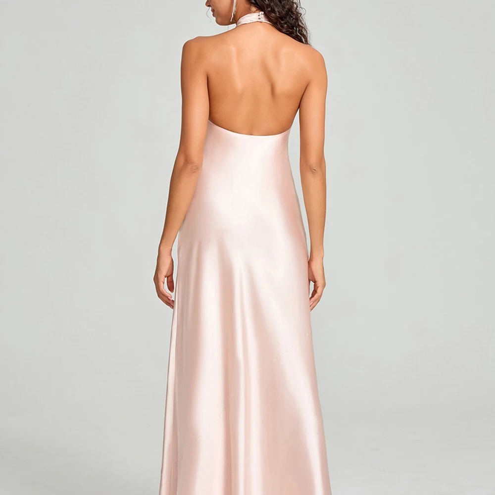 Graceful and Formal High Collar High Collar Evening Dress Open Back Solid Color Satin Floor Length Sleeveless Celebrity Gowns