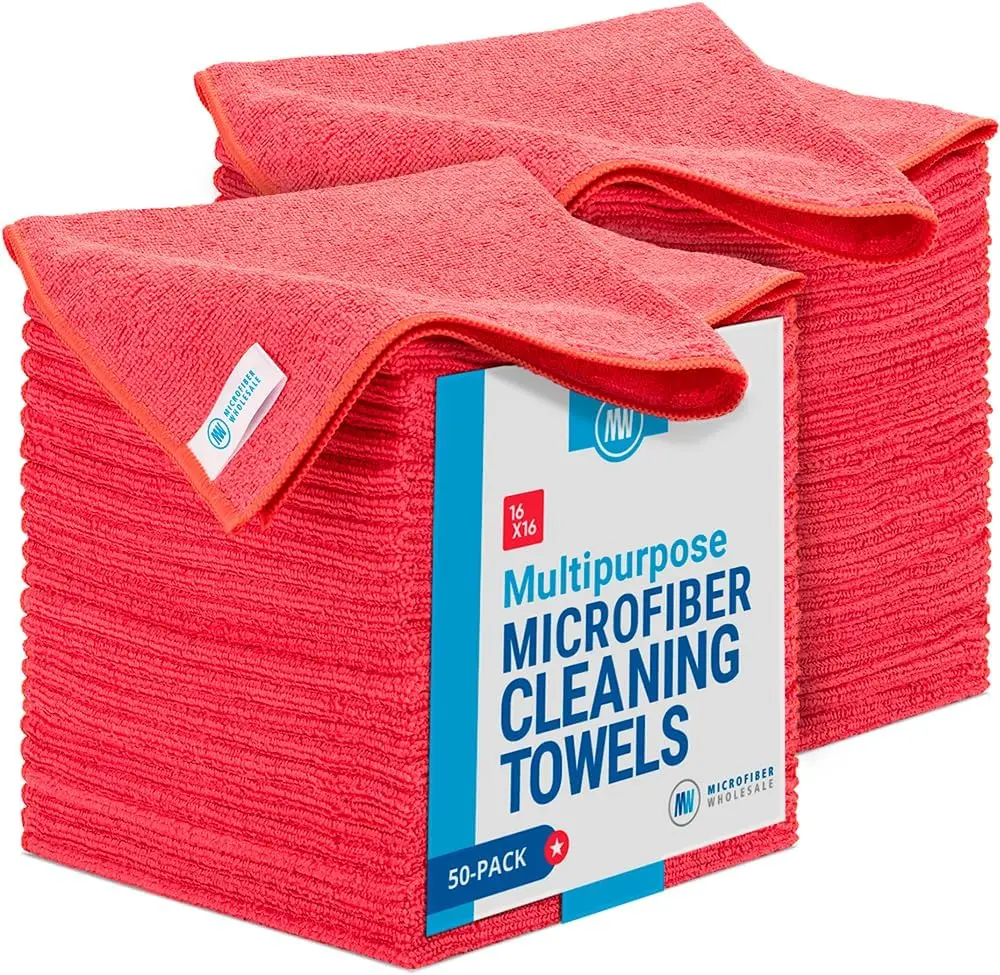 

16' x 16' All Purpose Microfiber Towels - 50 Pack Reusable Wash Cloths, Dust, Kitchen, Car, Shop Rags for Cleaning (Red)